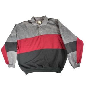 Vtg Long Sleeve Polo Pullover Sweater American Weekend Grey Red Black Mens Large